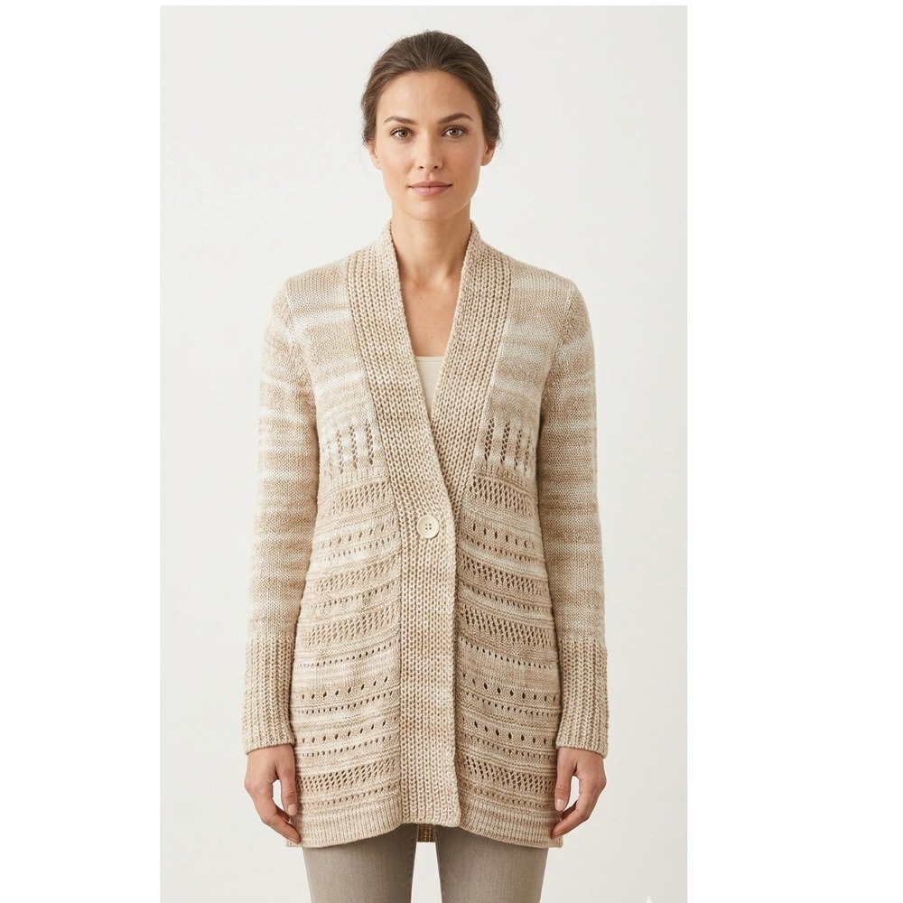 Coldwater Creek Beige Striped Pointelle Knit Single Button Cardigan M